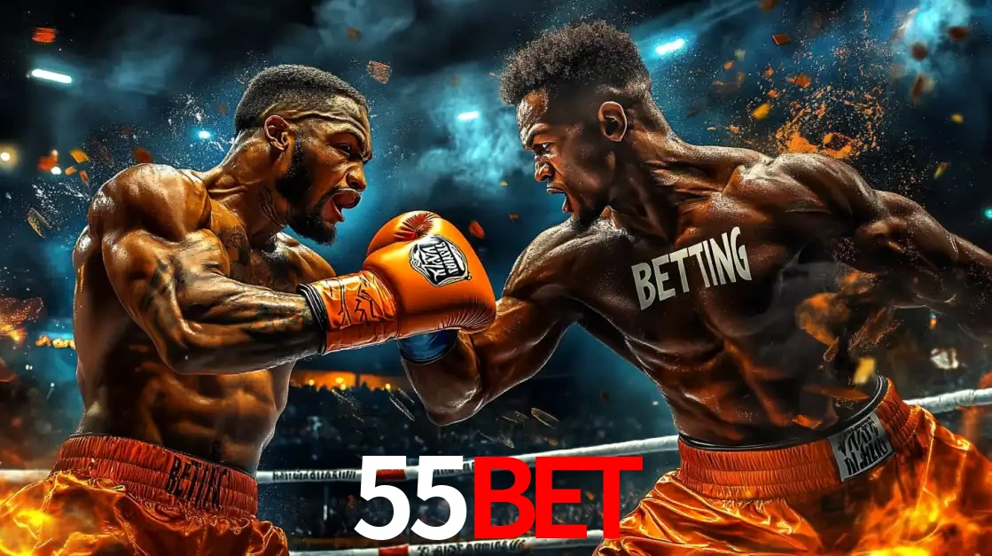 Dois boxeadores em uma luta intensa e explosiva, representando a adrenalina e as oportunidades de apostas em esportes de combate disponíveis na plataforma 55bet.