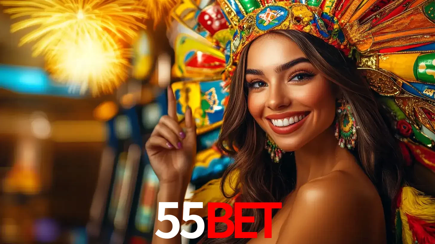 Mulher sorridente com um cocar de carnaval vibrante e colorido, celebrando uma grande vitória nos jogos do cassino 55bet com fogos de artifício ao fundo.