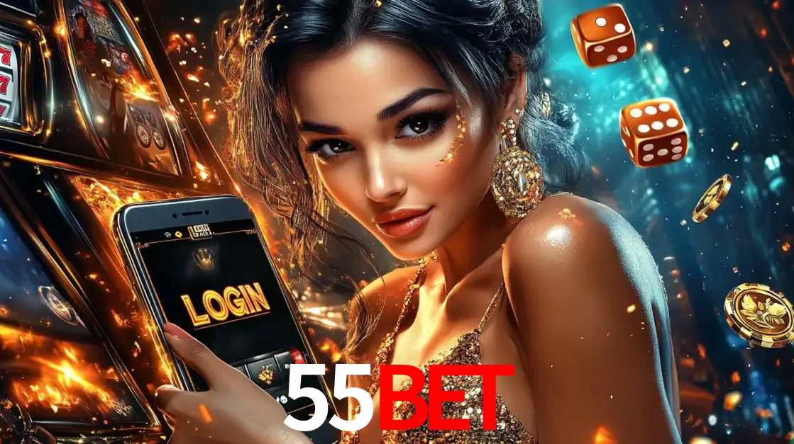 Mulher glamourosa segurando um celular com a tela de login do cassino 55bet, rodeada por dados e moedas douradas, pronta para começar a diversão.