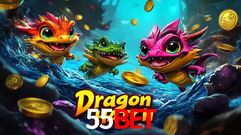 Arte promocional do jogo Dragon Hatch com três adoráveis dragões bebês nadando entre moedas de ouro, um dos slots mais divertidos para jogar no cassino 55bet.