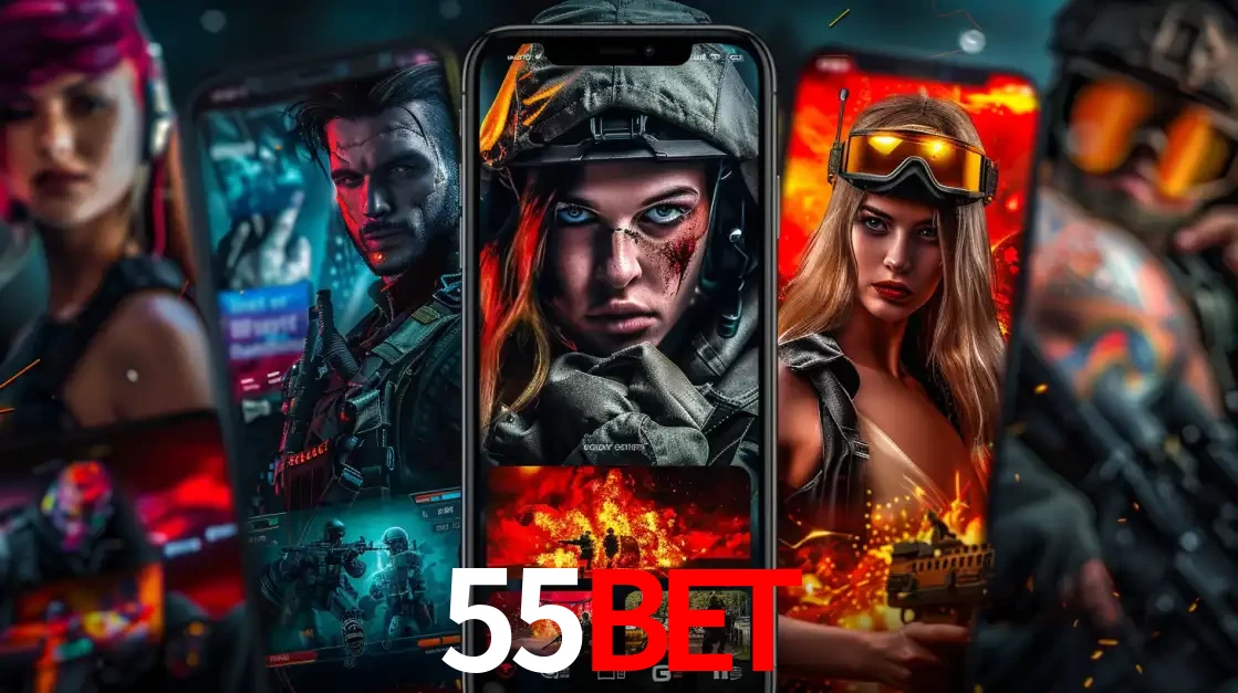 Montagem de telas de celular mostrando diversos personagens, masculinos e femininos, de um jogo de tiro, ilustrando a diversidade de equipes de e-sports para apostar no 55bet.