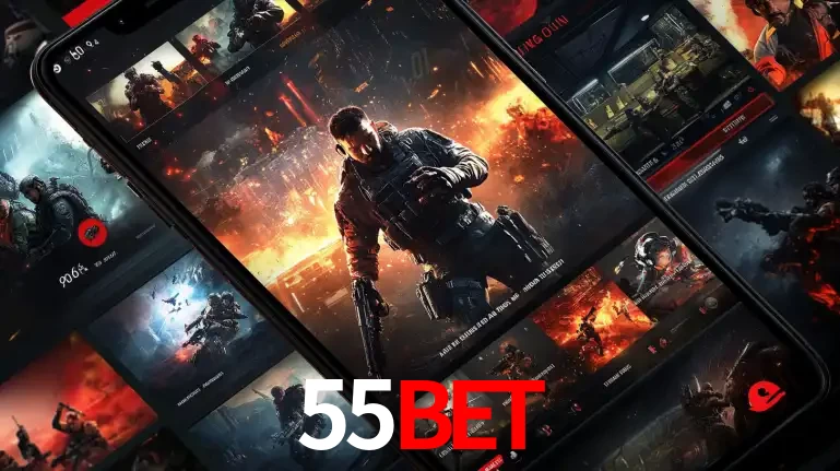 Tela de um celular exibindo uma galeria de jogos de tiro com temática militar, mostrando a variedade de e-sports disponíveis para apostas na plataforma de entretenimento 55bet.