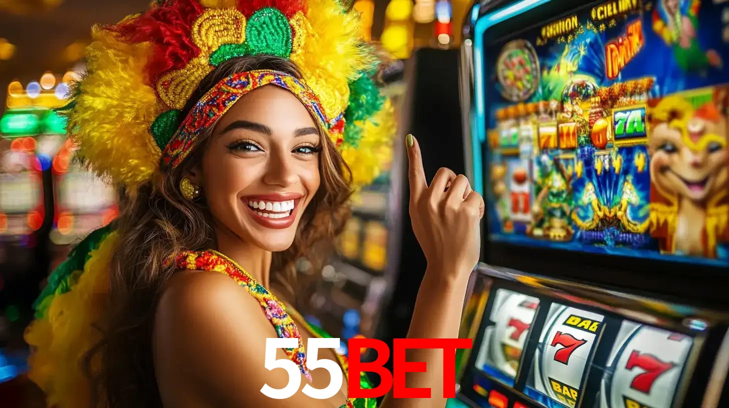 Mulher animada com um cocar de carnaval apontando para uma máquina de caça-níqueis, mostrando a emoção de ganhar um grande prêmio nos jogos do 55bet.