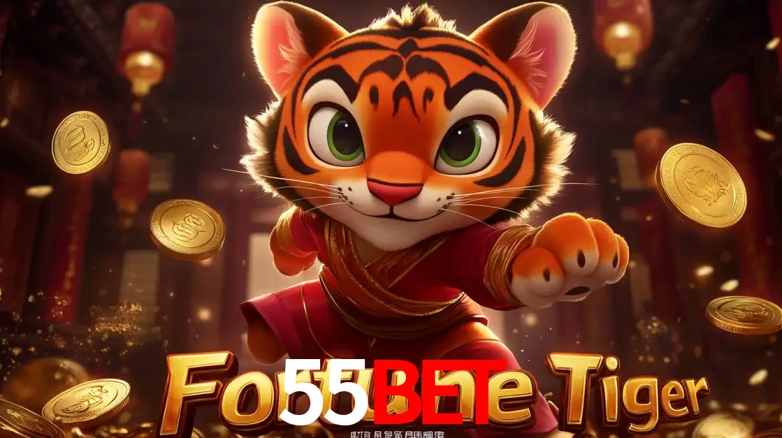 O carismático mascote do jogo de slot Fortune Tiger, um tigre fofo em pose de artes marciais, pronto para trazer sorte e multiplicadores de ganhos no cassino online 55bet.
