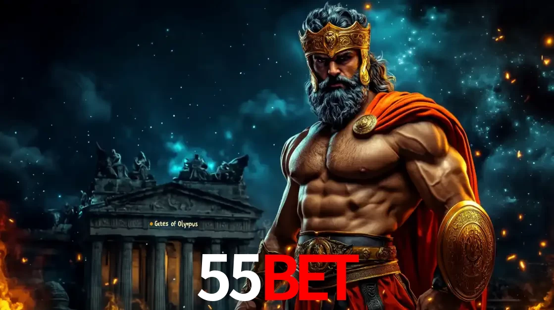 O poderoso Zeus do jogo de slot Gates of Olympus em frente ao seu templo, pronto para lançar multiplicadores divinos e prêmios épicos no cassino online 55bet.