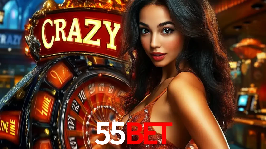 Mulher glamourosa olhando para a câmera com a roda vermelha do Crazy Time ao fundo em um ambiente de cassino, destacando a emoção dos jogos ao vivo no 55bet.