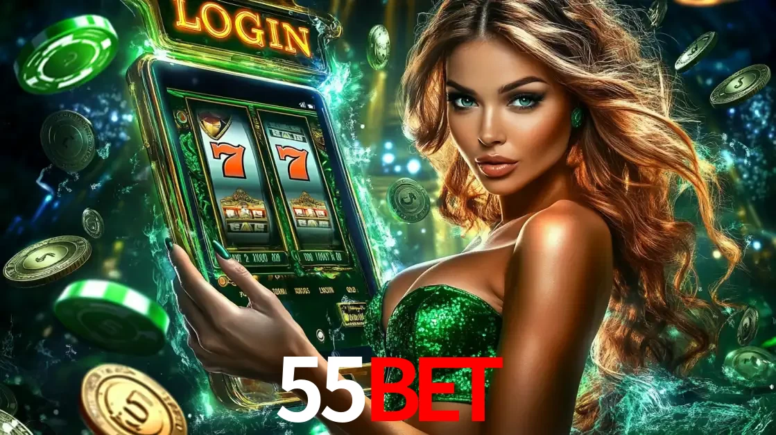 Mulher com tema verde apresentando o aplicativo do cassino 55bet com um jogo de slot de 777, cercada por fichas de cassino e uma aura de sorte.