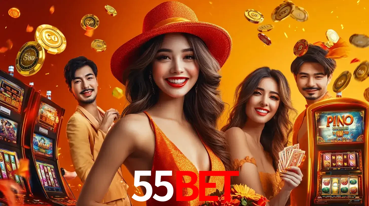 Grupo de amigos asiáticos sorrindo e se divertindo com máquinas de caça-níqueis em um ambiente festivo, celebrando suas vitórias nos jogos de cassino do 55bet.