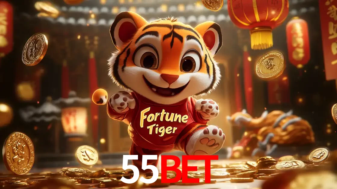 O alegre personagem do Fortune Tiger correndo sobre um caminho de moedas de ouro, simbolizando os grandes prêmios e a diversão do popular jogo de slot do 55bet.