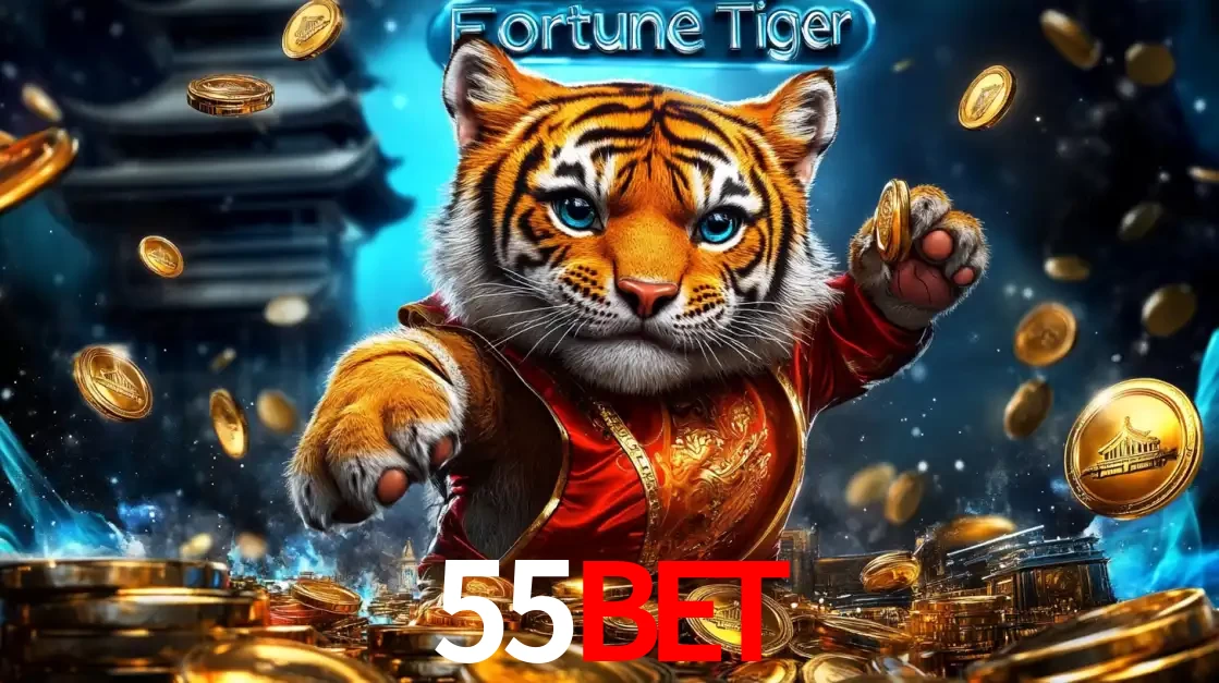 Imagem promocional do jogo de slot Fortune Tiger, com um tigre majestoso em traje tradicional cercado por uma fortuna em moedas de ouro, disponível agora no cassino 55bet.