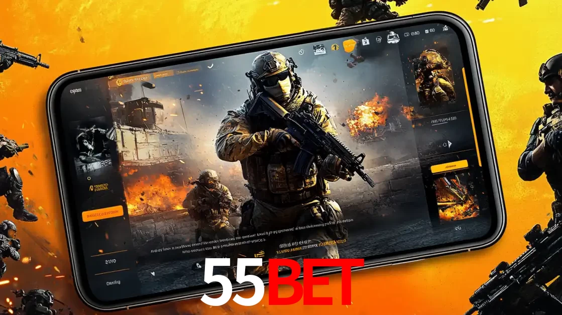 Um smartphone exibindo a interface de um jogo de tiro em primeira pessoa, com um soldado em um cenário de batalha, representando a ação dos e-sports para apostar no 55bet.