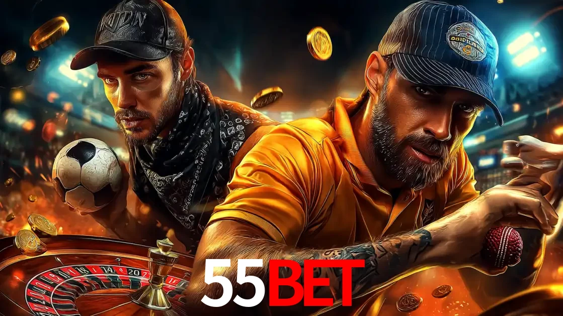 Montagem de apostas esportivas e cassino no 55bet, com um homem segurando uma bola de futebol e outro uma de beisebol sobre uma roleta e moedas voadoras.