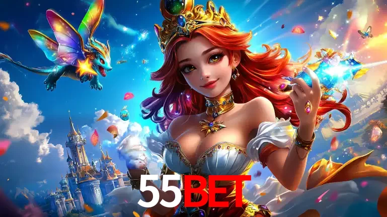 A princesa de um reino de fantasia mágico, com seu pequeno dragão, apresentando um mundo de prêmios encantados nos jogos de caça-níqueis do cassino 55bet.