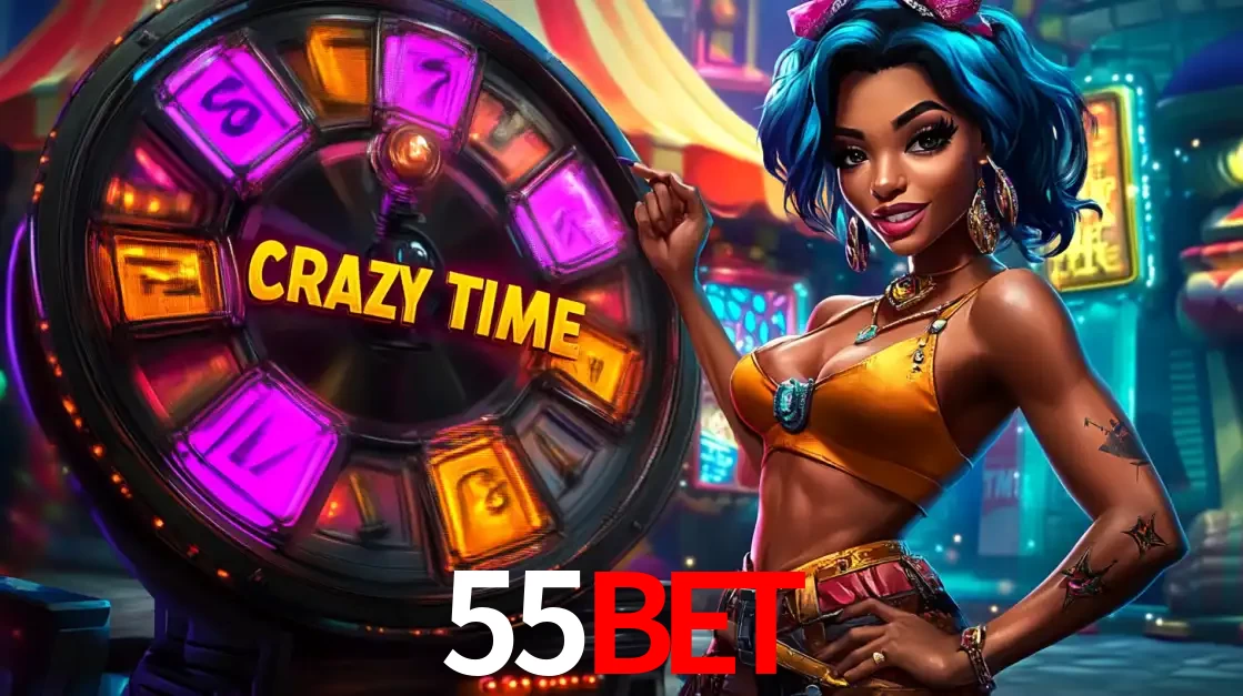 Mulher estilizada com cabelo azul e visual vibrante posando ao lado da roda de prêmios do game show Crazy Time, convidando para a diversão e os bônus do cassino 55bet.