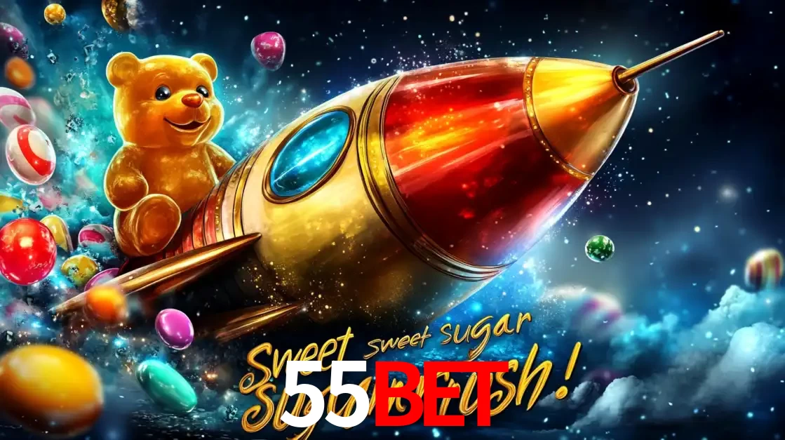 Arte promocional do jogo de slot Sugar Rush, com um urso de pelúcia em um foguete viajando pelo espaço de doces, um dos jogos divertidos disponíveis no cassino 55bet.