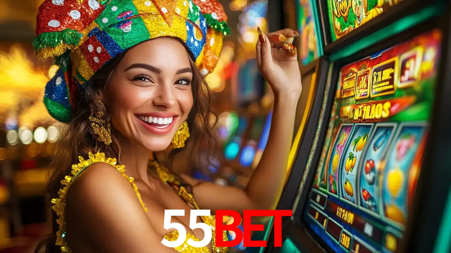 Mulher feliz com traje de carnaval amarelo e colorido ao lado de uma máquina de caça-níqueis, aproveitando a diversão e os jogos temáticos do cassino 55bet.