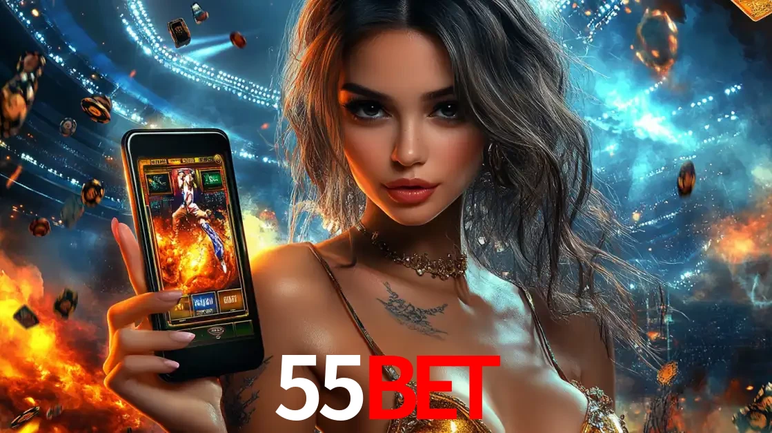 Mulher segurando um celular com um jogo de slot em destaque, tendo como fundo um estádio vibrante, simbolizando a emoção de jogar no cassino móvel 55bet.