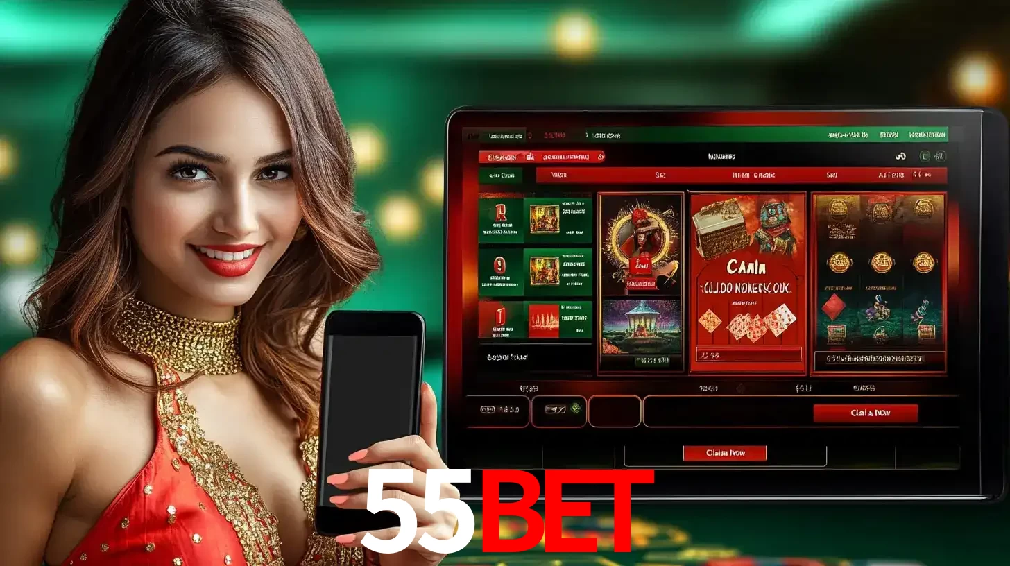 Mulher sorridente segurando um smartphone, ao lado de uma tela exibindo o lobby de jogos do cassino online 55bet, com várias opções de jogos de cartas e slots.